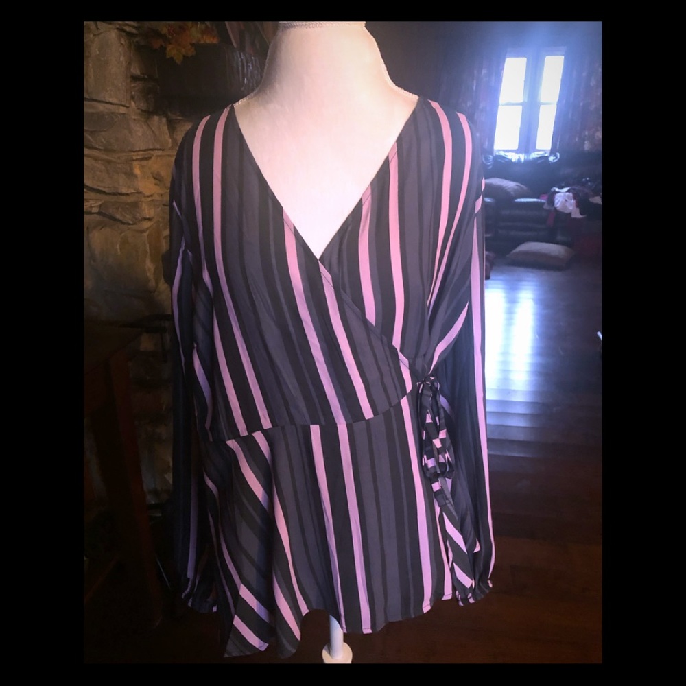 Grey/black/pink striped wrap blouse.